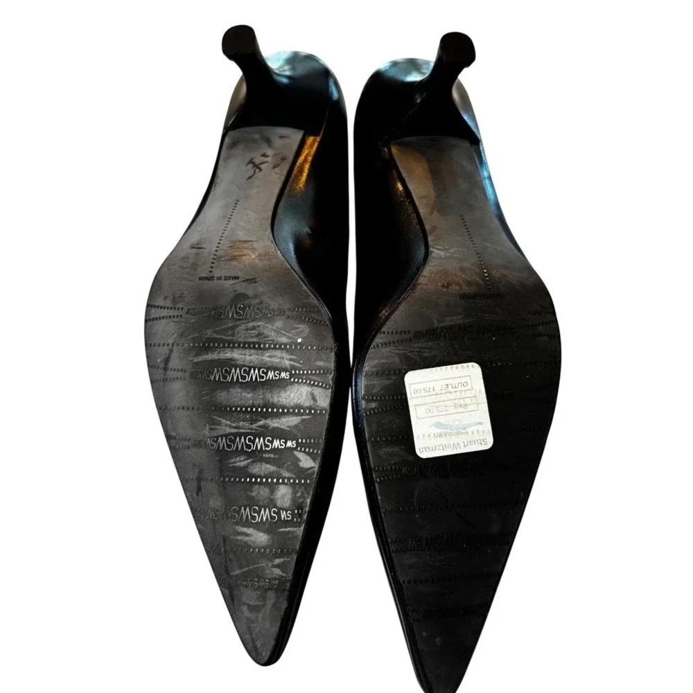 Stuart Weitzman Black Leather Pointed Toe Kitten Heel Pumps Size 9N